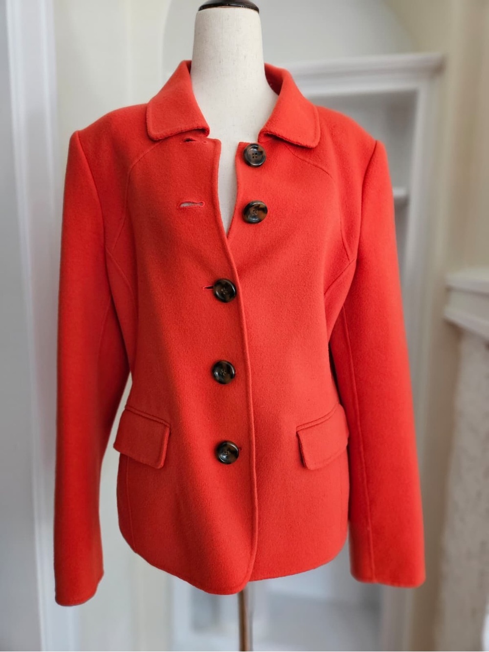 Vintage -L- Carlisle Vibrant Orange/Red Button-Front Wool Pea Coat